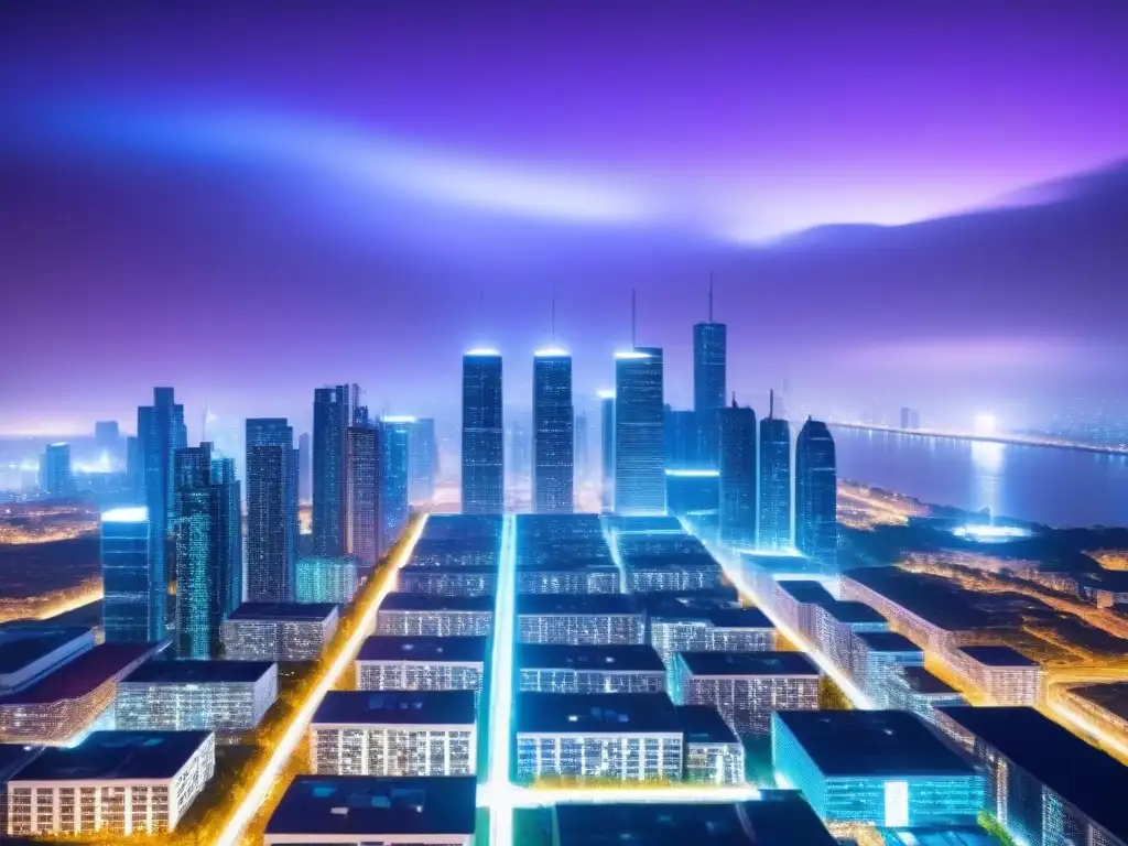 Metropolis futurista con blockchain en finanzas inmobiliarias Vibrante ciudad futurista de noche con líneas de blockchain, reflejo de innovación en financiamiento inmobiliario