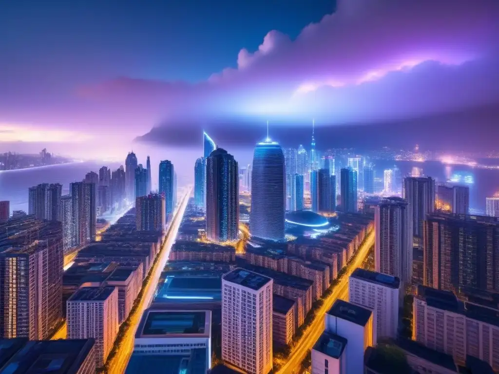 Vibrante ciudad futurista de noche con rascacielos iluminados por luces neón, integrando Inteligencia Artificial en Inversión Inmobiliaria