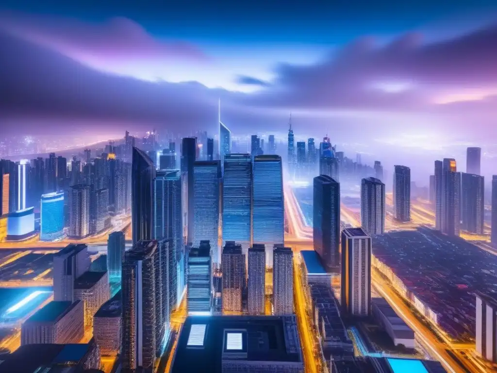 Metrópolis futurista en blockchain: transacciones inmobiliarias en tiempo real Vibrante ciudad futurista de noche con rascacielos iluminados por luces de neón y transacciones inmobiliarias en blockchain