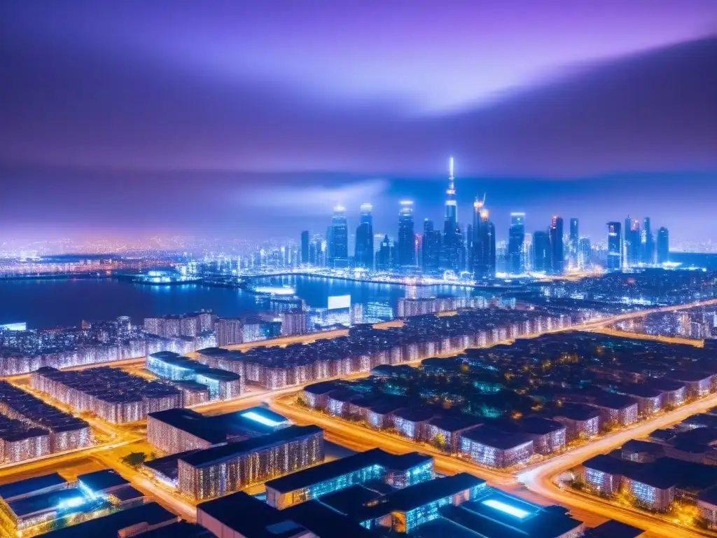 Metrópolis futurista: innovación financiera en préstamos inmobiliarios Vibrante ciudad futurista de noche con drones y luces de neón