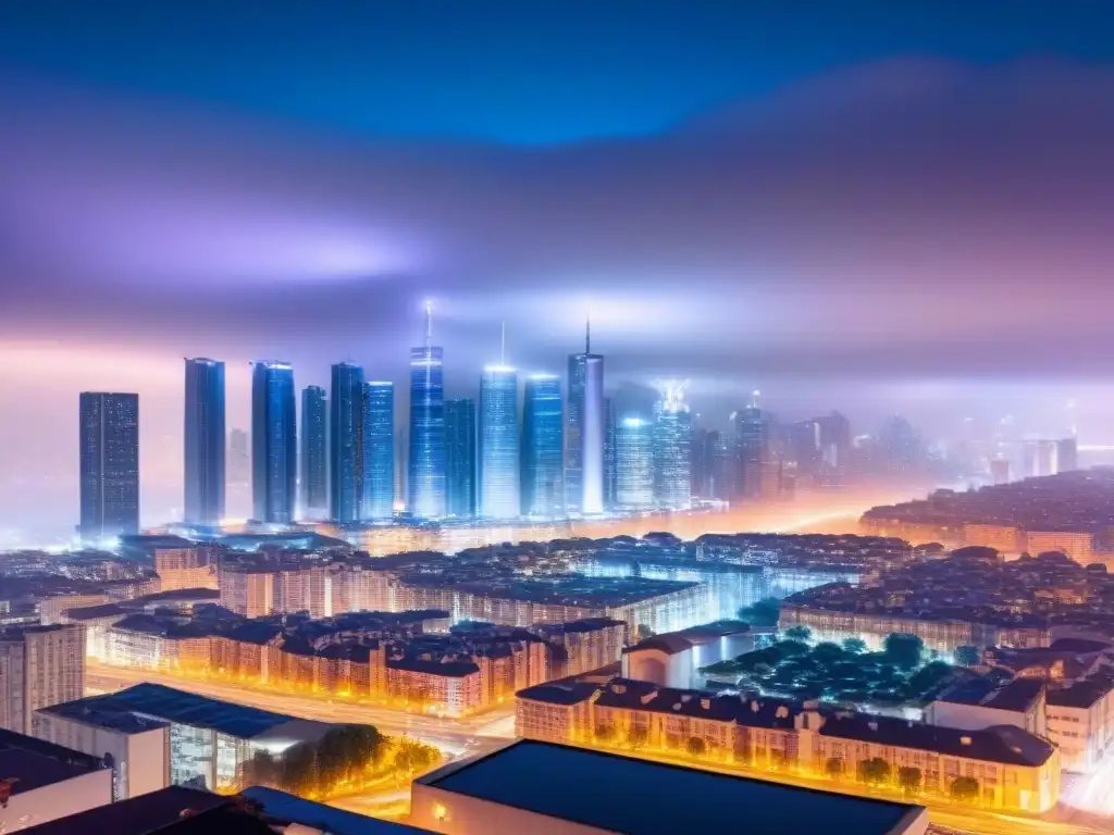 Hologramas de blockchain en ciudad futurista Vibrante ciudad futurista de noche con hologramas de blockchain y contratos inteligentes, integrando tecnología en transacciones inmobiliarias