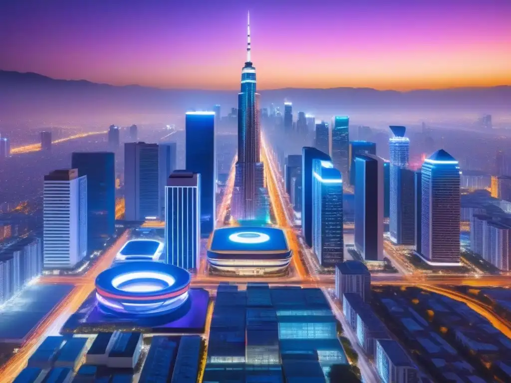 Metrópolis del futuro: real estate y comunicación en acción Vibrante ciudad futurista de noche con luces neón y hologramas de propiedades inmobiliarias