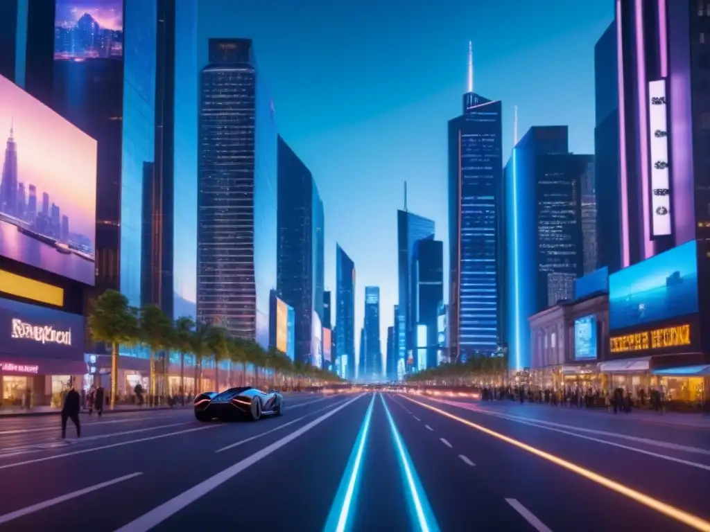 Metrópolis futurista: tecnología avanzada y finanzas Vibrante ciudad futurista de noche con rascacielos iluminados y autos voladores, reflejando las regulaciones financiamiento inmobiliario fintech