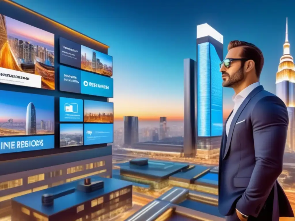 Marketing Inmobiliario Fintech: Ciudad Futurista Nocturna Vibrante ciudad futurista de noche con profesionales y tecnología, reflejando el marketing inmobiliario Fintech en redes sociales