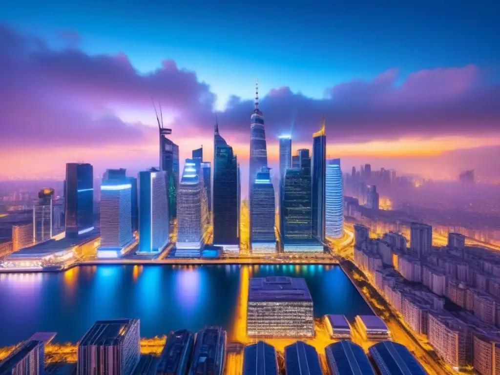 Vanguardia financiera: Ciudad futurista con smart contracts Vibrante ciudad futurista de noche, con rascacielos iluminados por luces de neón y pantallas digitales mostrando datos financieros en tiempo real