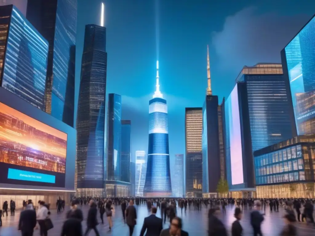 Metrópolis futurista: innovación y finanzas en la era digital Vibrante ciudad futurista de noche con rascacielos iluminados en un distrito financiero