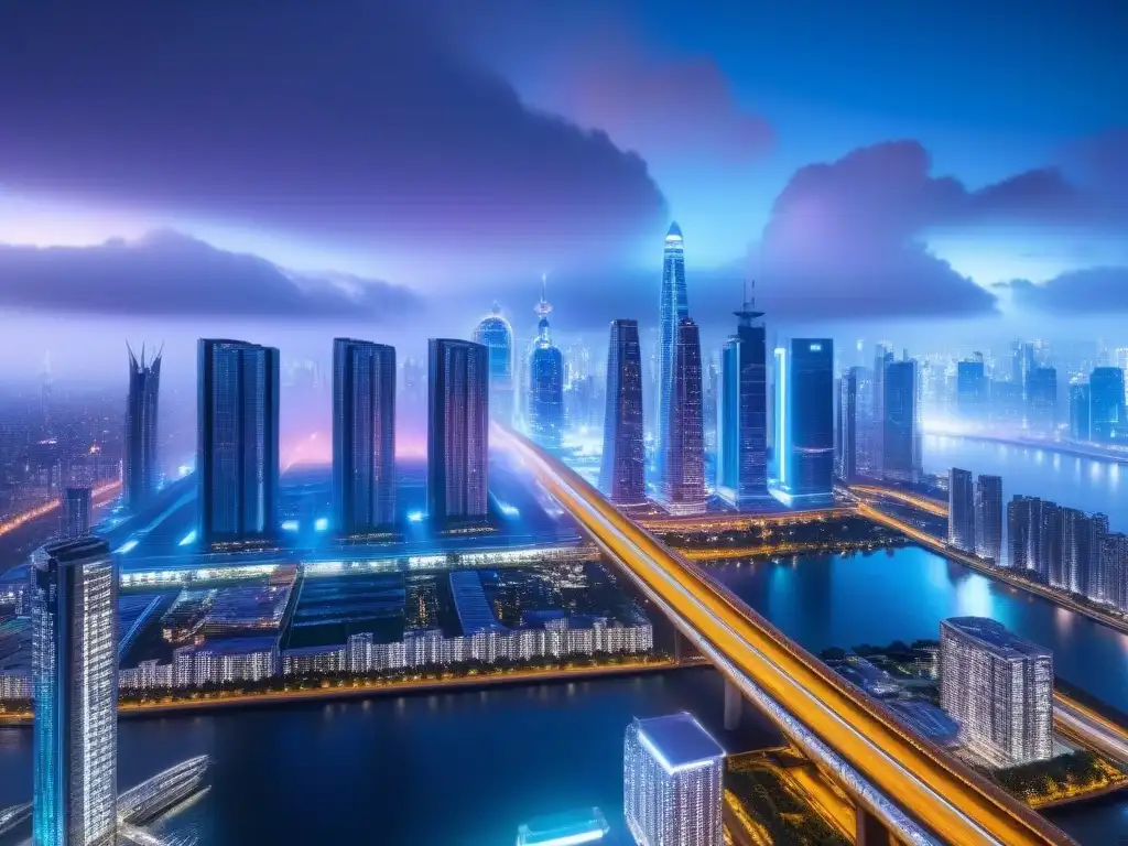 Vibrante ciudad futurista de noche con rascacielos iluminados, coches voladores y trenes maglev