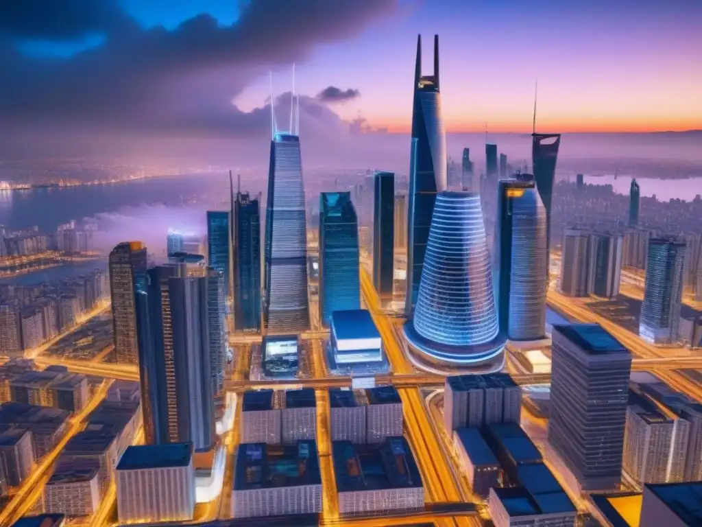 Metrópolis futurista: integración de servicios inmobiliarios Vibrante ciudad futurista de noche con rascacielos iluminados por luces de neón, conectados por plataformas integradas préstamos inmobiliarios