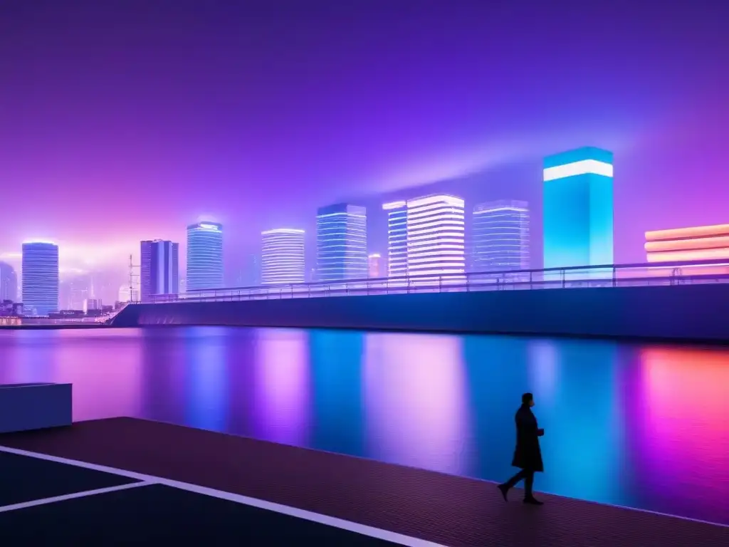 Metrópolis futurista: luces de neón y arquitectura japonesa moderna Vibrante ciudad futurista nocturna con rascacielos iluminados y reflejados en agua, uniendo tradición japonesa y modernidad