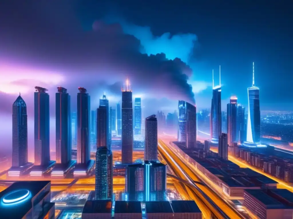 Metrópolis futurista: rascacielos iluminados y tecnología avanzada Vibrante ciudad futurista nocturna con rascacielos iluminados por luces neón, mostrando el impacto de innovaciones tecnológicas en el financiamiento inmobiliario