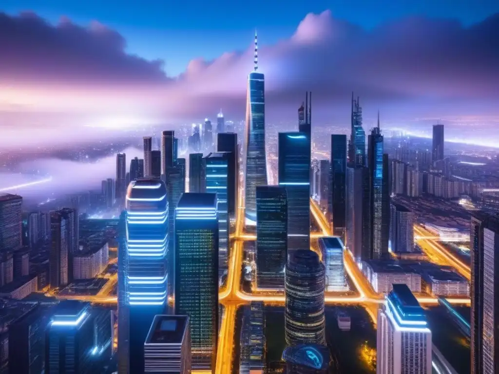 Ciudad futurista: ciberseguridad y finanzas inmobiliarias Vibrante ciudad futurista nocturna, destaca ciberseguridad en financiamiento inmobiliario