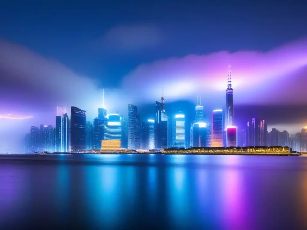 Metrópolis futurista: luces neón en la noche Vibrante ciudad futurista nocturna con rascacielos iluminados por luces de neón y autos voladores, reflejándose en el agua