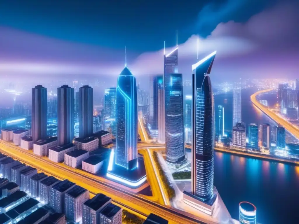 Metrópolis futurista: Evaluación de riesgos en tiempo real para inversores Vibrante ciudad futurista nocturna con rascacielos iluminados por luces de neón y tecnología avanzada para evaluación de riesgos en Proptech