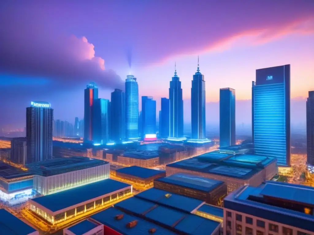 Metrópolis futurista: innovación en arquitectura y mercado animado Vibrante ciudad futurista al anochecer con innovación en préstamos inmobiliarios gobierno