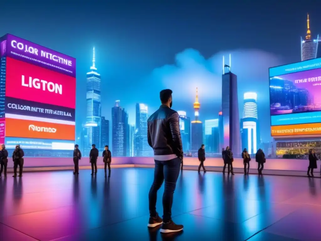 Horizonte futurista con transacciones inmobiliarias en blockchain Vibrante ciudad futurista al anochecer con profesionales y tecnología blockchain en inversión inmobiliaria
