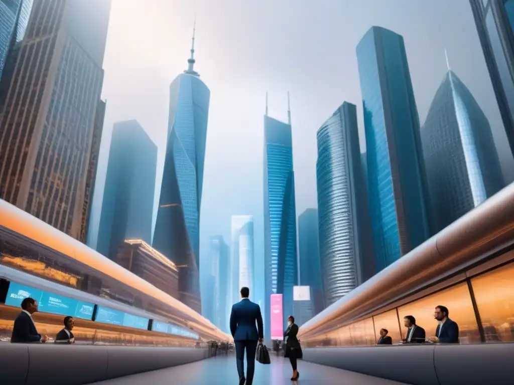 Metrópolis futurista: innovación fintech en financiamiento inmobiliario Vibrante ciudad futurista con profesionales y fintech en regulaciones financiamiento inmobiliario