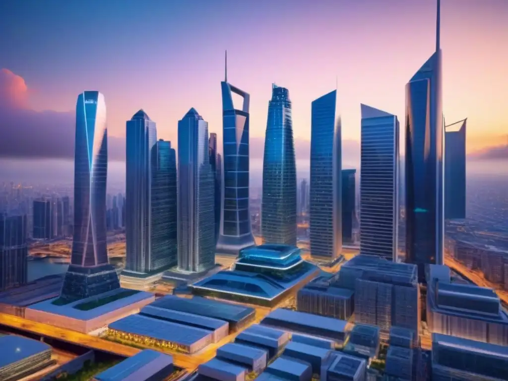 Metrópolis futurista: innovación en skyline al atardecer Vibrante ciudad futurista al anochecer con profesionales en terrazas, reflejando innovación y 'Inversión en alquileres tendencias demográficas'