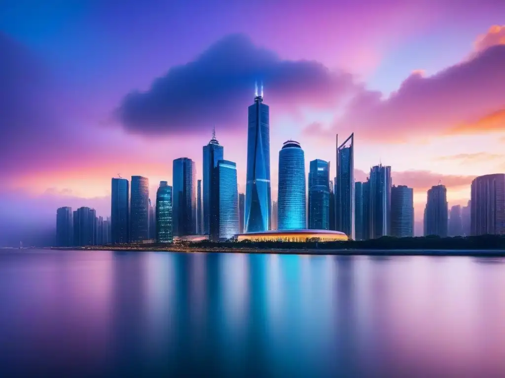 Horizonte futurista: luces vibrantes en ciudad innovadora Vibrante ciudad futurista al anochecer, reflejando innovación y progreso en Fintech en inversión inmobiliaria