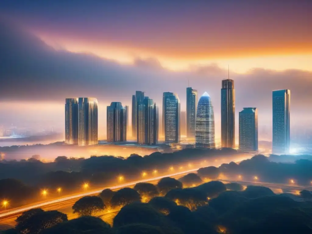 Metrópolis futurista: diversidad inmobiliaria y crecimiento dorado Vibrante ciudad futurista con propiedades variadas, iluminada en tonos dorados