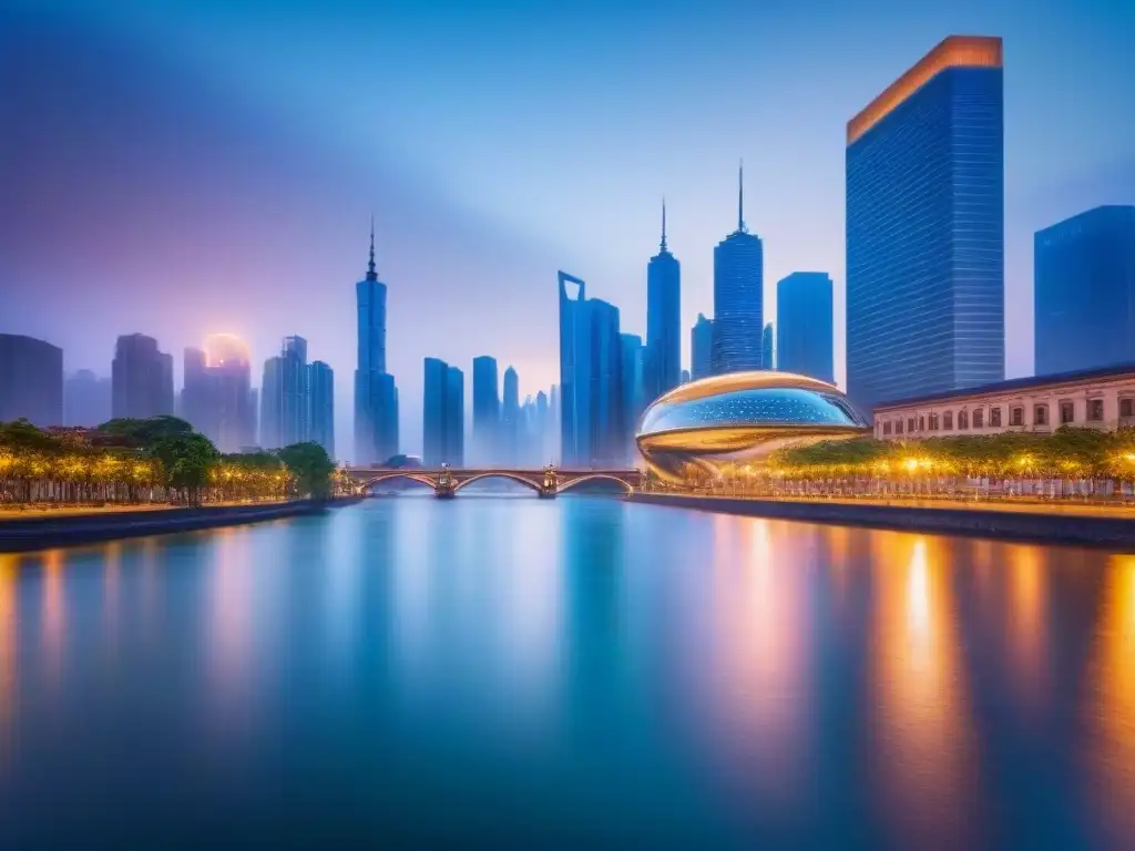 Metrópolis futurista en 8k: inversión inmobiliaria innovadora Vibrante ciudad futurista al anochecer con rascacielos iluminados reflejados en un río, transmitiendo innovación y progreso