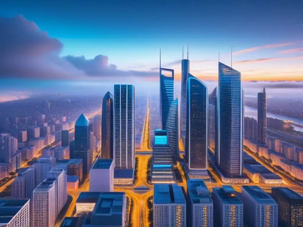 Metrópolis futurista: revolución fintech en bienes raíces Vibrante ciudad futurista con rascacielos interconectados por senderos digitales brillantes