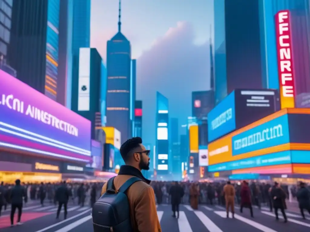 Horizonte futurista: ciudad 8k con luces de neón y diversidad urbana Vibrante ciudad futurista al anochecer con rascacielos iluminados por luces de neón, mostrando diversidad y progreso