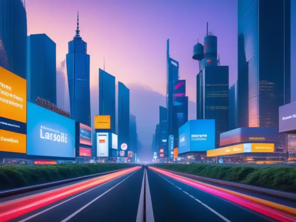 Vibrante ciudad futurista con rascacielos modernos e innovadores, iluminada por luces de neón, promoviendo apps inmobiliarias y financiamiento