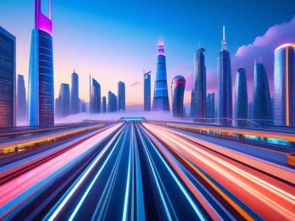 Metrópolis futurista en 8k: innovación y progreso en Finanzas Inmobiliarias Vibrante ciudad futurista al anochecer con rascacielos iluminados por luces neón, reflejando Innovación en Finanzas Inmobiliarias 2023