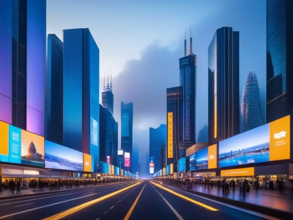 Metrópolis futurista: datos e inversión inmobiliaria Vibrante ciudad futurista al anochecer con rascacielos iluminados y datos en ventanas, reflejando la Inversión inmobiliaria basada en datos