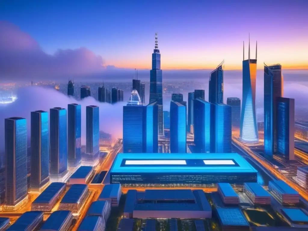 Cityscape futurista con criptomonedas en neón Vibrante ciudad futurista con rascacielos iluminados por luces de neón, integrando criptomonedas en el financiamiento inmobiliario