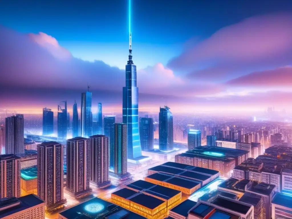 Vibrante ciudad futurista con rascacielos de vidrio, redes de IA brillantes y luces de neón