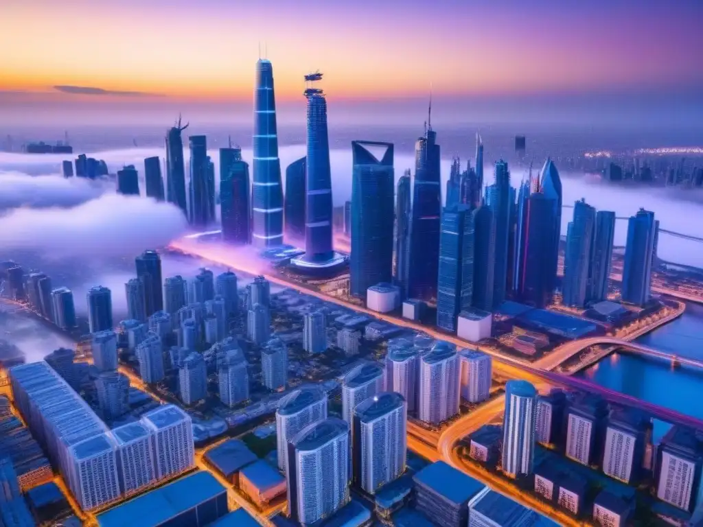 Inversión inmobiliaria en ciudad futurista con tecnología avanzada Vibrante ciudad futurista al anochecer con rascacielos innovadores e iluminación neón