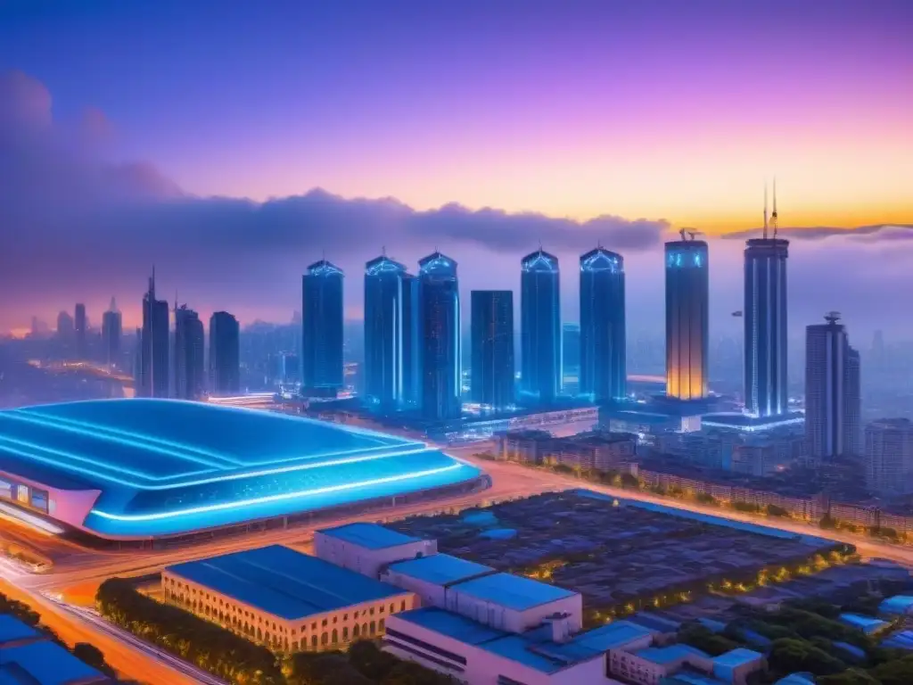 Horizonte urbano futurista: luces neón y arquitectura innovadora Vibrante ciudad futurista al anochecer, con rascacielos iluminados por luces neón, reflejando innovación en el diseño arquitectónico