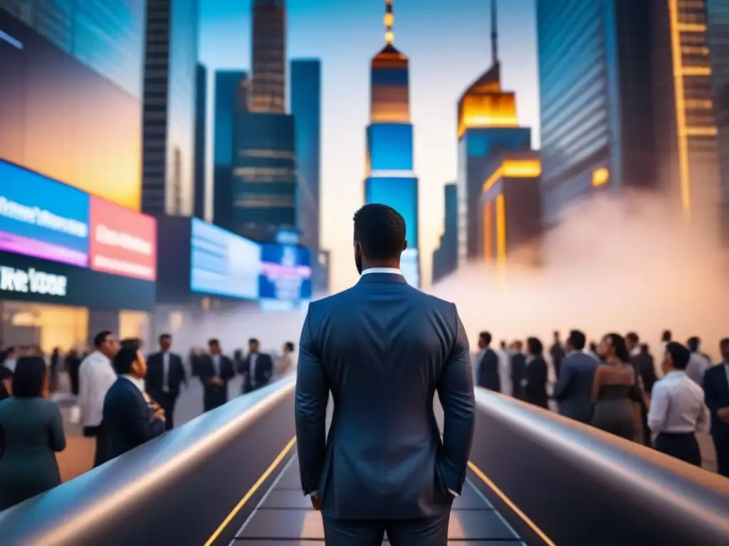 Metrópolis futurista: inversiones en un mundo lleno de oportunidades Vibrante ciudad futurista con rascacielos brillantes al atardecer, ejecutivos en trajes dialogando ante pantallas financieras