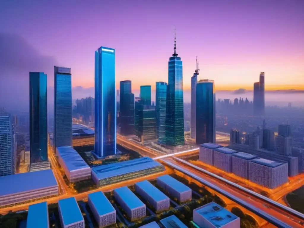 Metrópolis futurista: innovación y negocios en el atardecer Vibrante ciudad futurista al anochecer con rascacielos iluminados y profesionales en discusiones animadas