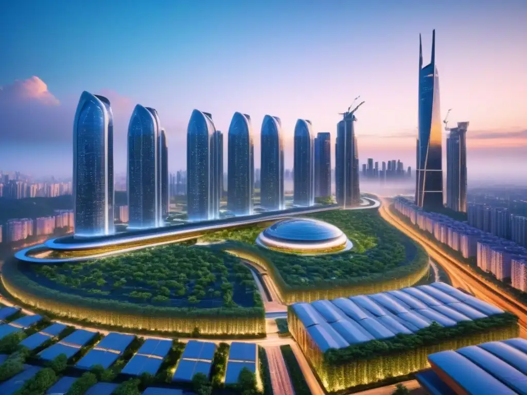 Metrópolis futurista: rascacielos y naturaleza en armonía al atardecer Vibrante ciudad futurista con rascacielos, vegetación y diseño arquitectónico innovador en inversión inmobiliaria tendencias demográficas