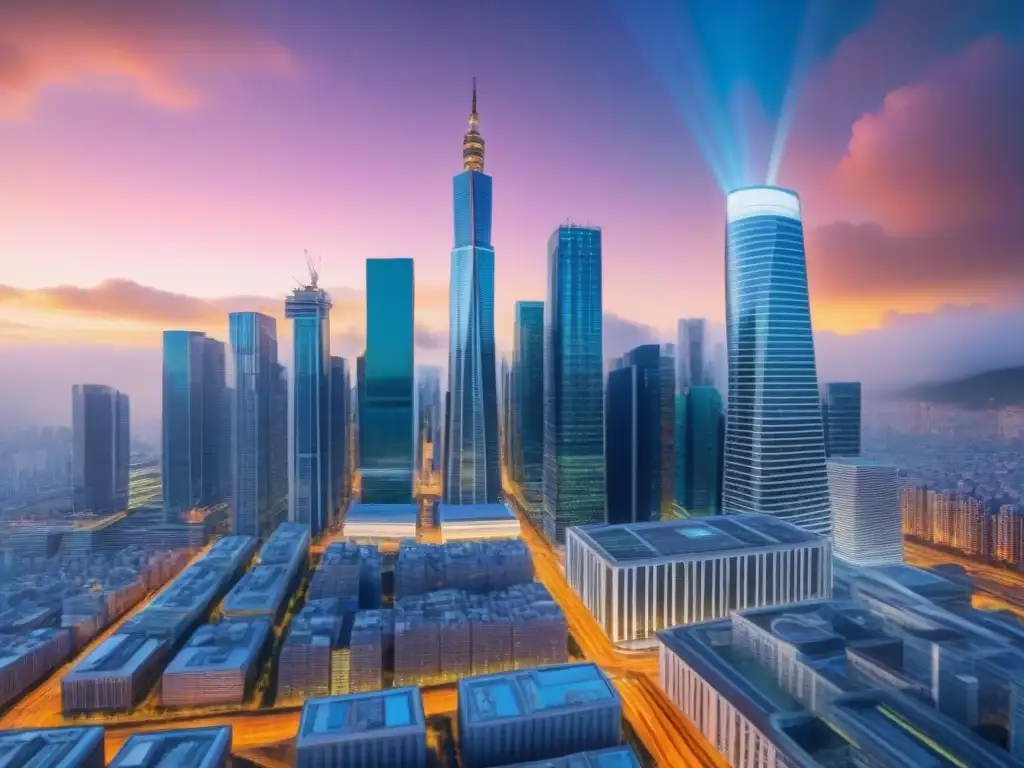 Comparación inversión: Financiamiento Colectivo vs Vibrante ciudad futurista con rascacielos de financiamiento colectivo y REITs