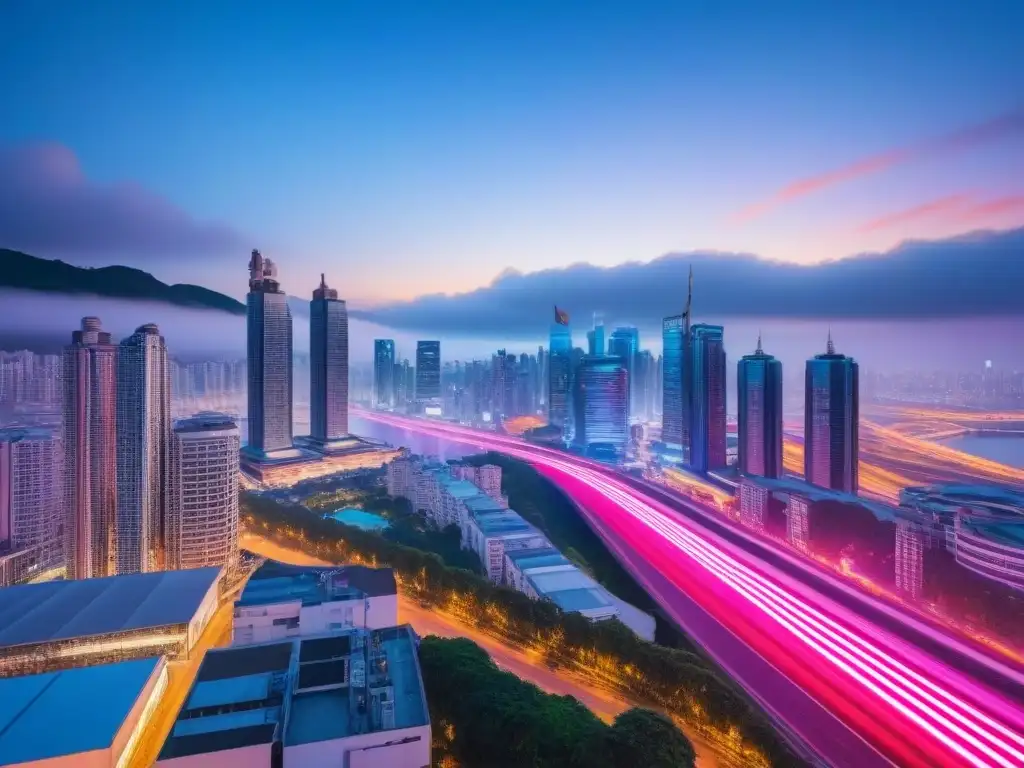 Metrópolis futurista: rascacielos innovadores iluminados por luces neón Vibrante ciudad futurista al anochecer con rascacielos innovadores iluminados por luces neón, integrando tecnología en la Sindicación Inmobiliaria