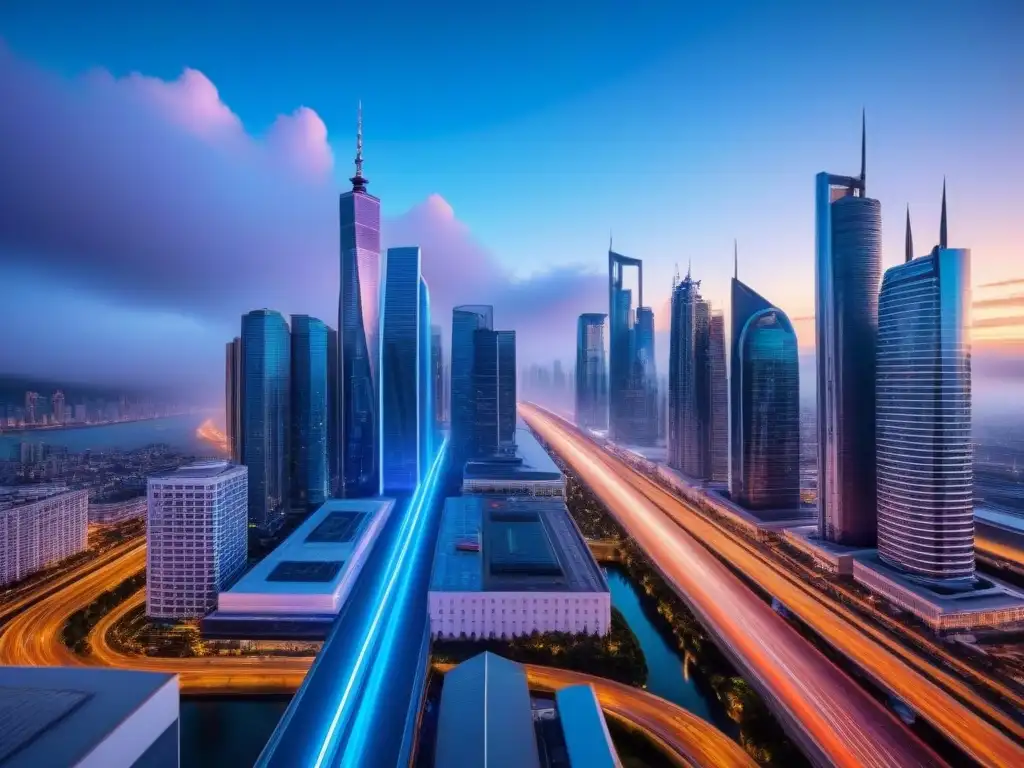 Metrópolis futurista: rascacielos, hologramas y coches voladores Vibrante ciudad futurista al anochecer con rascacielos, hologramas y coches voladores