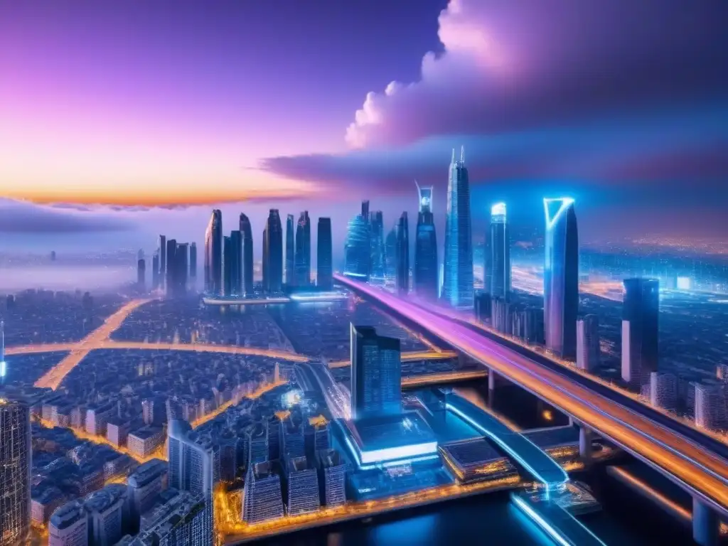 Vibrante ciudad futurista con rascacielos innovadores y puentes transparentes, reflejando las tendencias financiamiento inmobiliario futuro