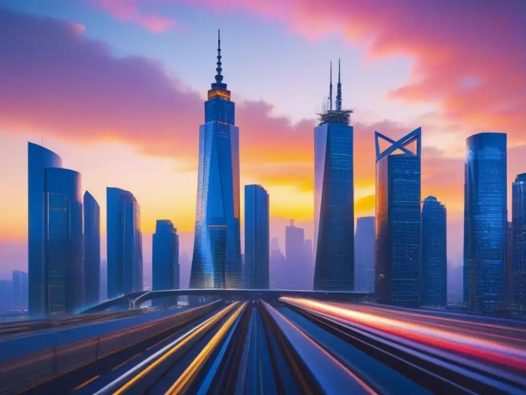 Metrópolis futurista: cielo al atardecer y rascacielos de cristal Vibrante ciudad futurista con rascacielos de vidrio y acero, reflejando un cielo al atardecer