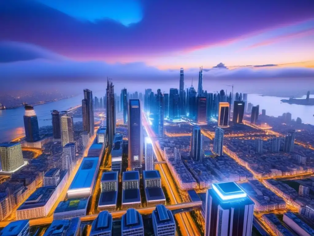 Metrópolis futurista: luces y avances en la arquitectura urbana Vibrante ciudad futurista al anochecer con rascacielos iluminados y diseño arquitectónico avanzado