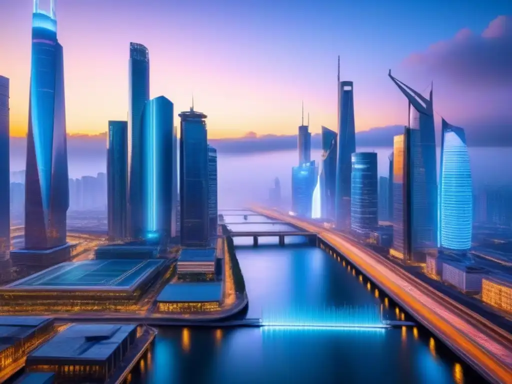 Metrópolis futurista con hologramas financieros y hovercars al atardecer Vibrante ciudad futurista al anochecer con rascacielos, hologramas financieros, autos voladores y peatones
