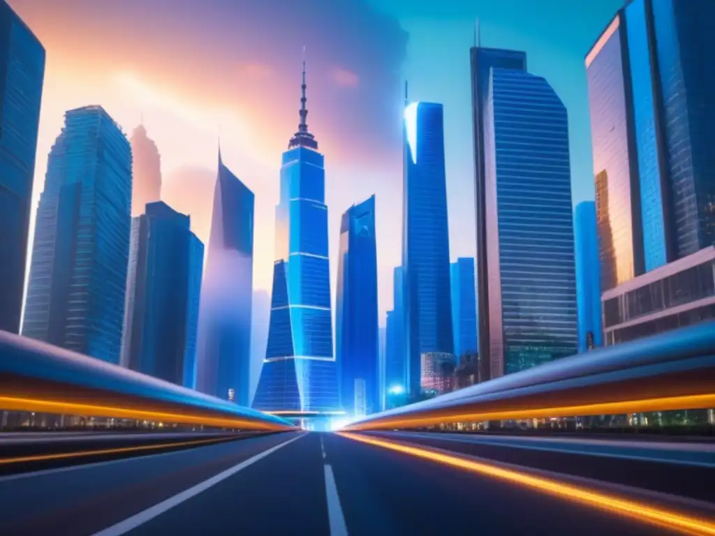 Vibrante ciudad futurista con rascacielos únicos iluminados en colores brillantes, reflejando innovación en proyectos inmobiliarios
