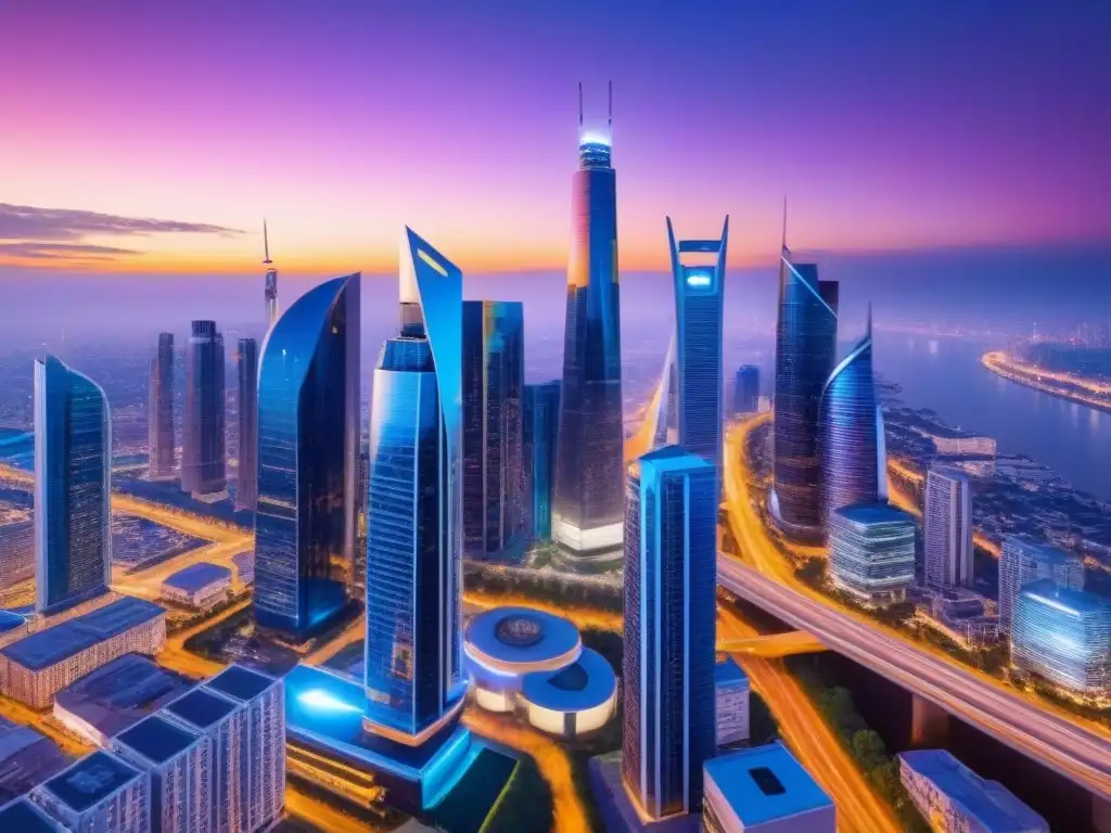 Metrópolis futurista: innovación y rentabilidad en inversión inmobiliaria Vibrante ciudad futurista al anochecer, con rascacielos de vidrio reflejando colores del atardecer