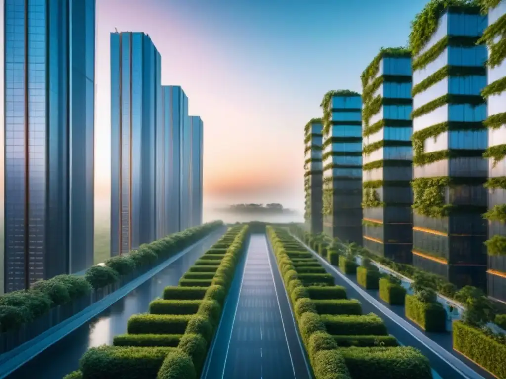 Vibrante ciudad futurista con rascacielos eco-sostenibles y naturaleza, reflejando tendencias financiamiento inmobiliario futuro
