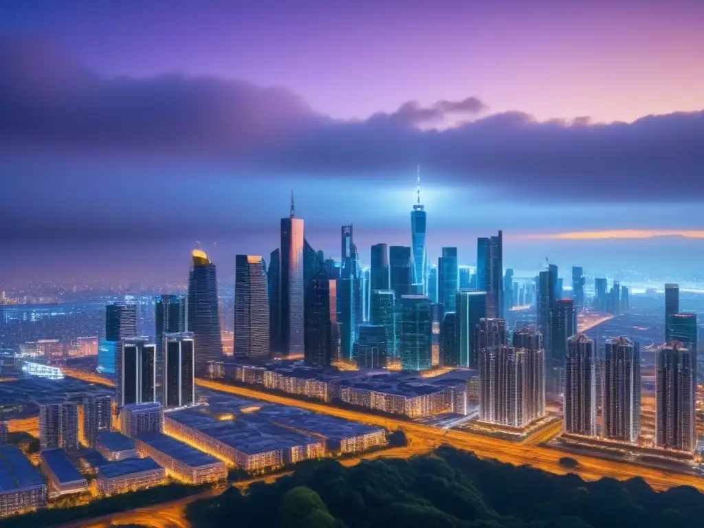 Skyline futurista en 8k: fusión financiera e innovación tecnológica Vibrante ciudad futurista al anochecer con rascacielos y profesionales, fusionando productos financieros híbridos 2023