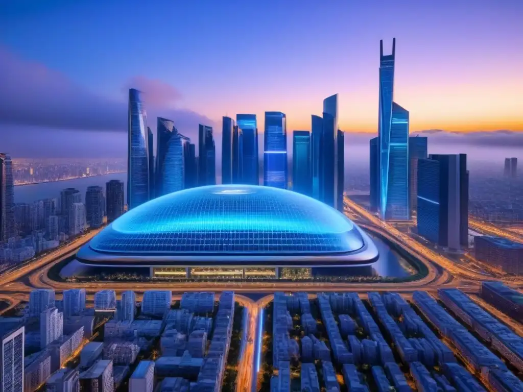 Metrópolis futurista: impuestos inmobiliarios en tiempo real Vibrante ciudad futurista al anochecer con rascacielos y pantallas holográficas, vehículos autónomos y drones financieros