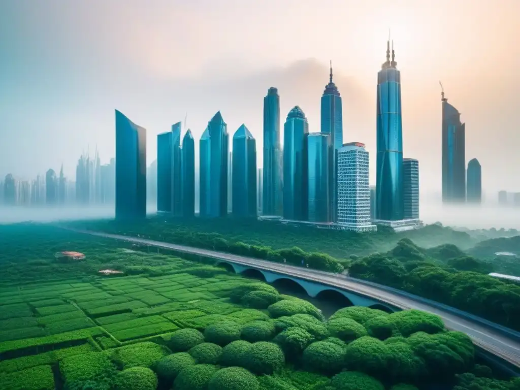 Futurismo financiero: Ciudad eco-sostenible Vibrante ciudad futurista con rascacielos y vegetación, fusionando finanzas inmobiliarias con productos híbridos