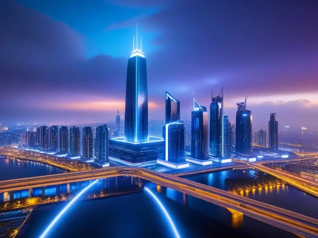 Metrópolis futurista: luces neón y modernidad nocturna Vibrante ciudad futurista con rascacielos iluminados por luces neón, mostrando innovación en productos híbridos inversión inmobiliaria